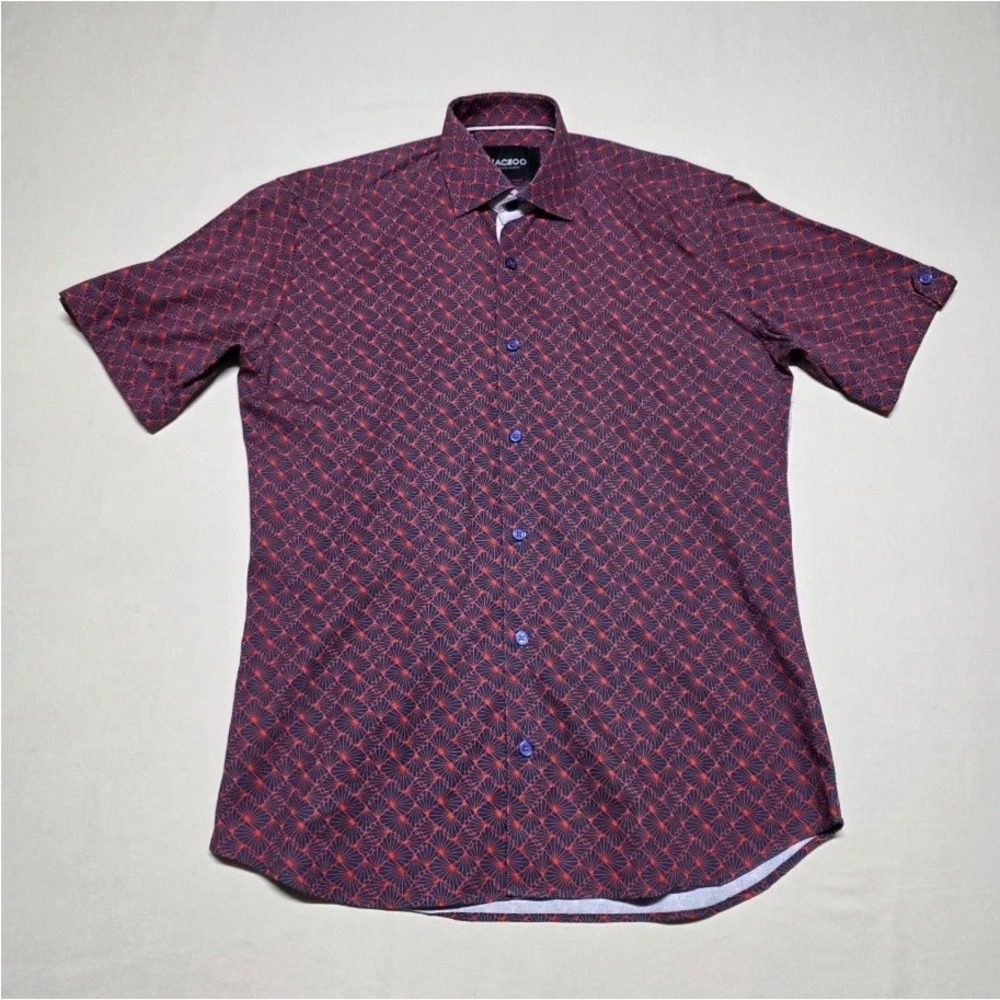 Maceoo Men Short Sleeve Button Up Shirt Navy Red Geometric Size 2/Small Slim Fit